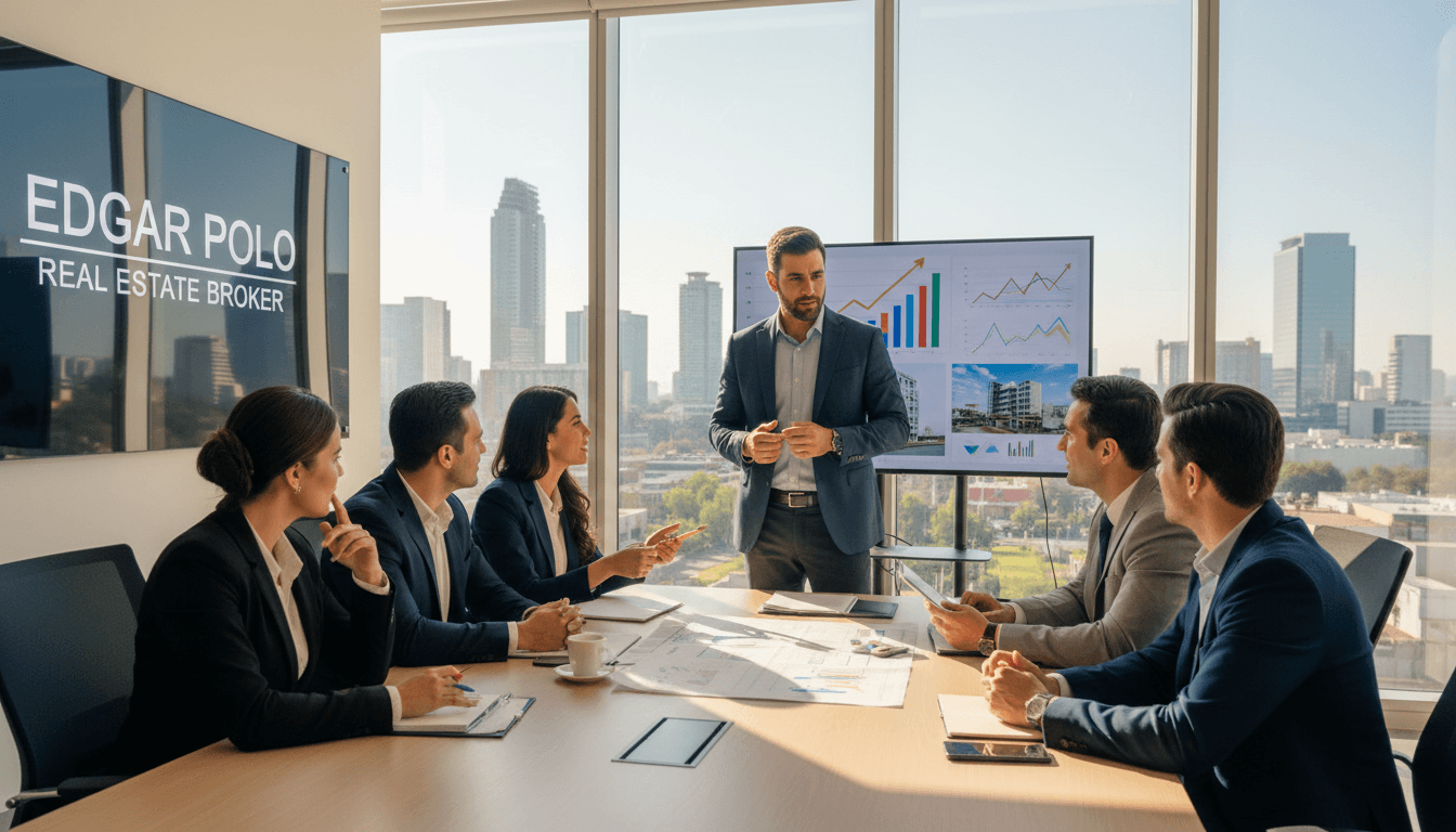 International investors reviewing real estate plans in a modern office with Guadalajara skyline.
