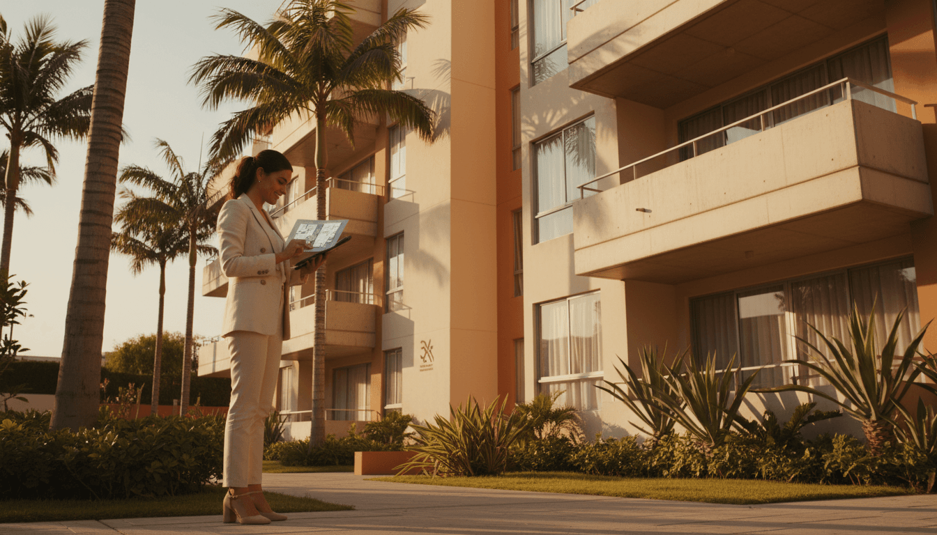 Mujer profesional revisando documentos de propiedades en Guadalajara con confianza