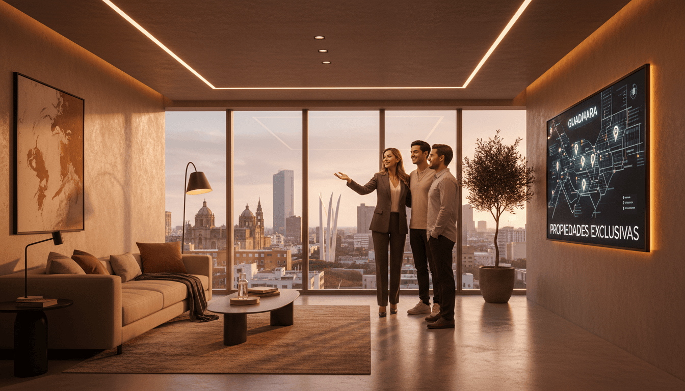 Agente inmobiliario mostrando propiedades en Guadalajara con iluminación cálida.