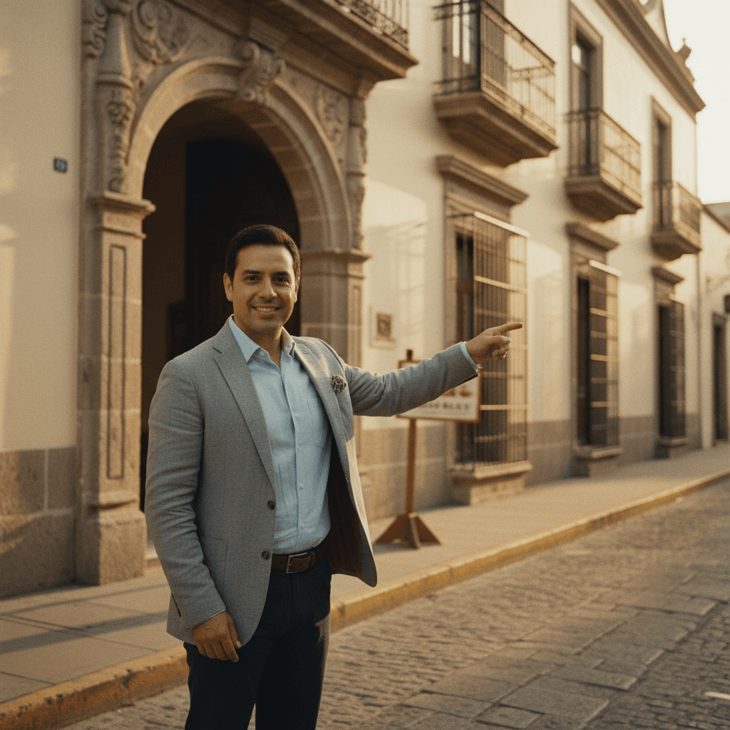 Asesor inmobiliario frente a una propiedad en Guadalajara
