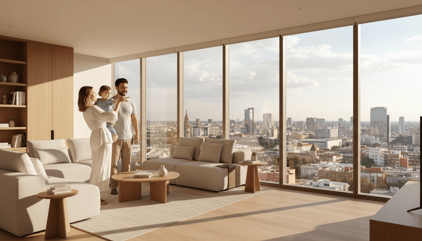 Familia viendo la vista de Guadalajara desde un departamento moderno