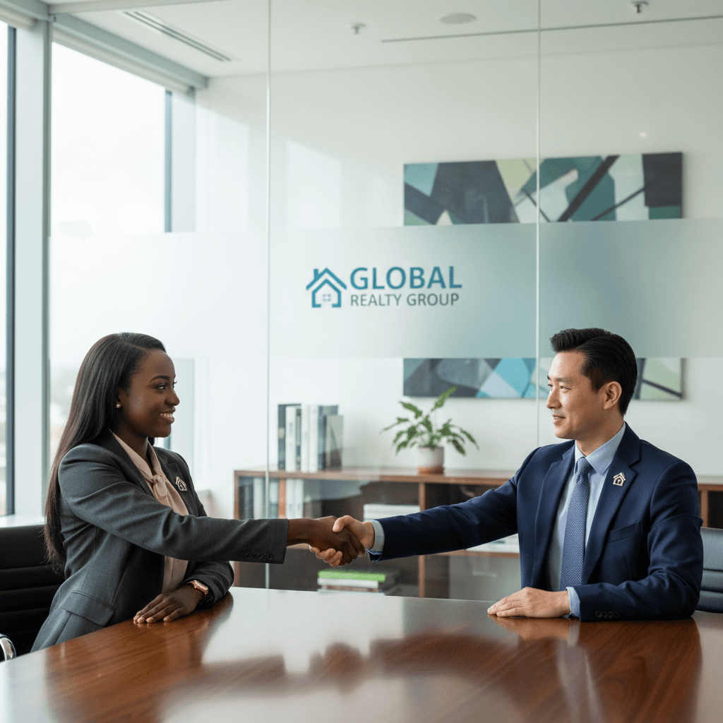 Real estate professionals shaking hands in a modern office
