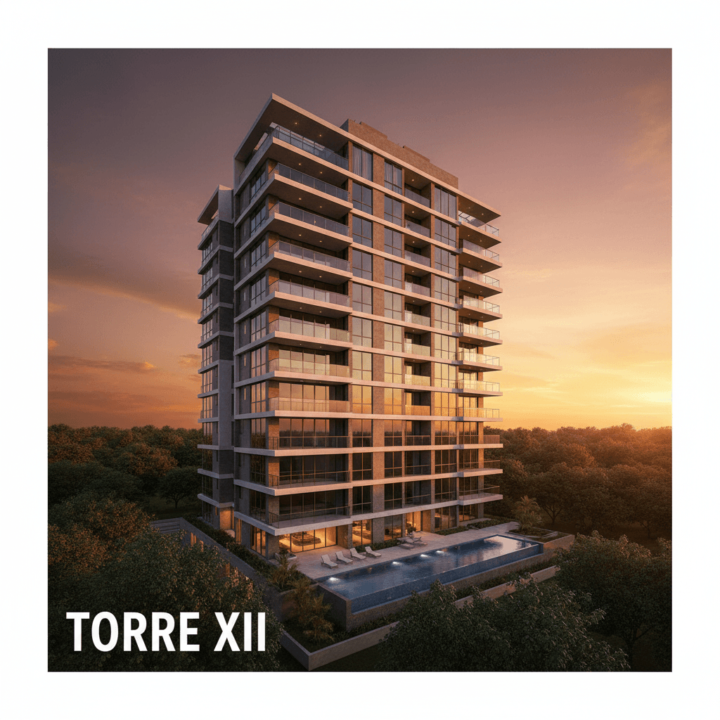 Edificio residencial moderno Torre XII rodeado de árboles bajo un cielo naranja al atardecer.