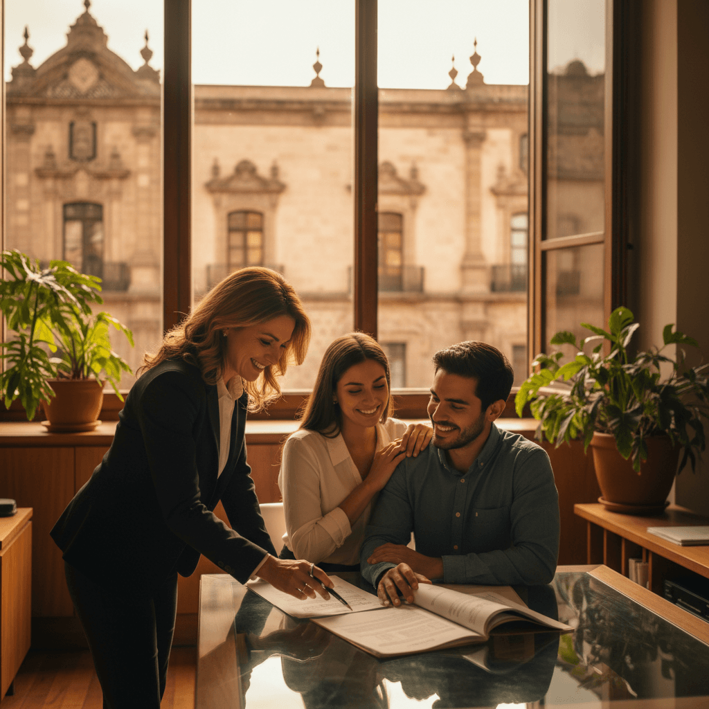 Edgar Polo asesor inmobiliario con clientes revisando documentos de propiedad