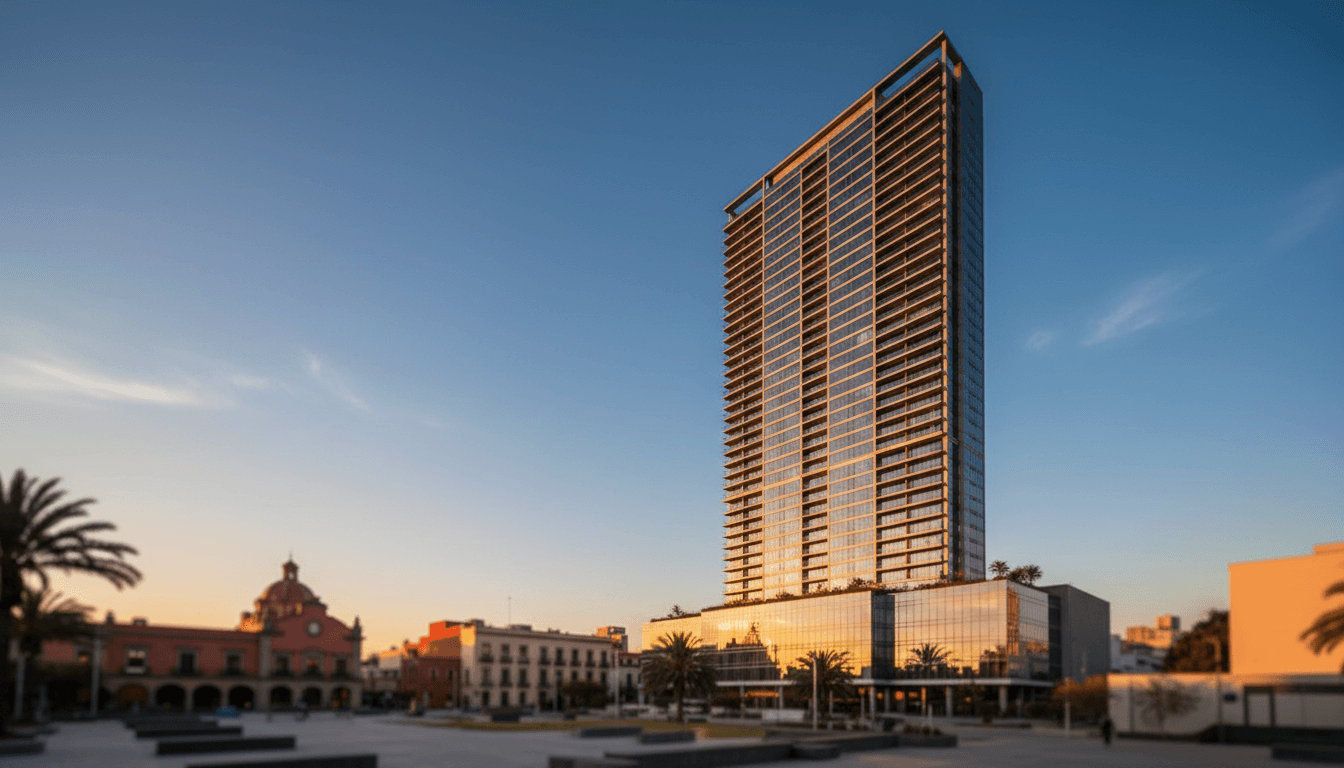 Fachada exterior de Torre XII reflejando luz dorada al atardecer