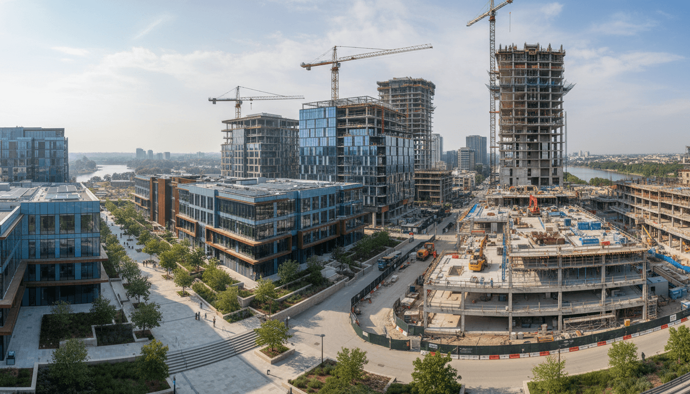 Mixed-use urban development under construction with glass facades, cranes, and integrated green spaces against city skyline