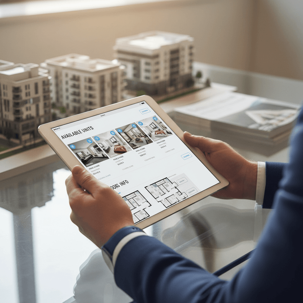 Property manager's hands holding tablet displaying digital residential listings and floor plans on modern office desk