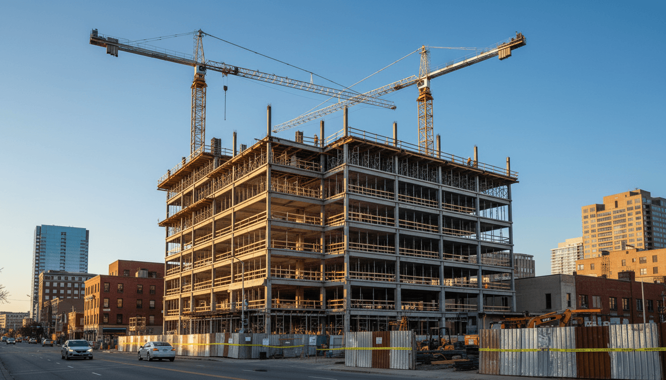Modern commercial building under construction with steel frame, concrete floors, cranes, and workers against blue sky