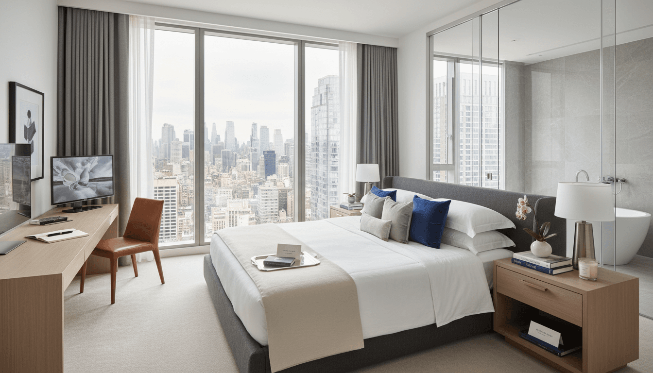 Luxury contemporary apartment bedroom with premium furnishings, urban skyline views, and bright natural light showcasing guest experience