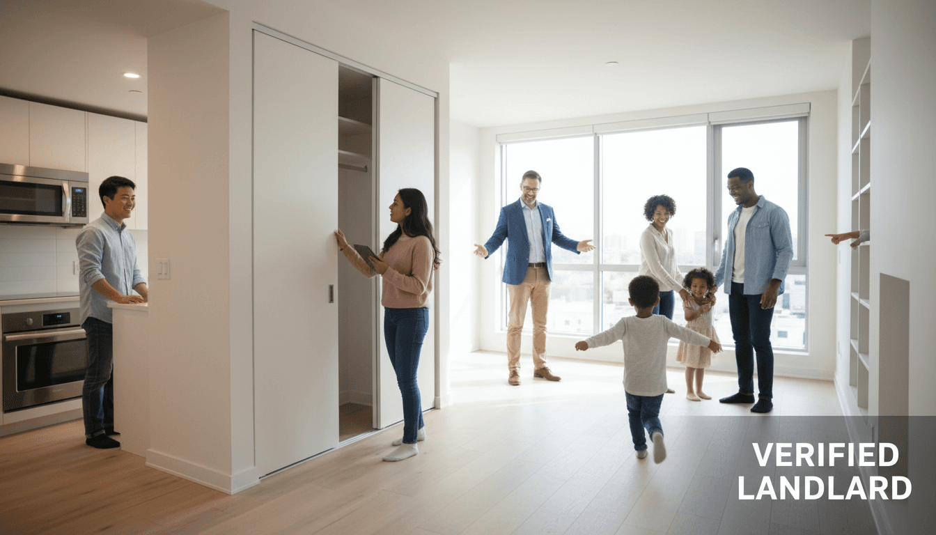 Diverse group of renters touring modern apartment with verified landlord during coordinated viewing, examining features in bright, spacious open-plan living room