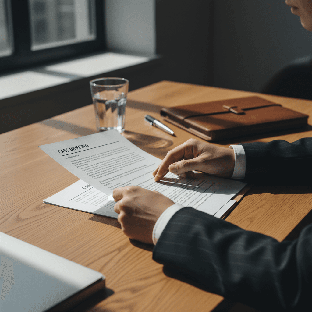 Attorney's hands carefully reviewing legal documents and case files at a professional wooden desk with natural lighting