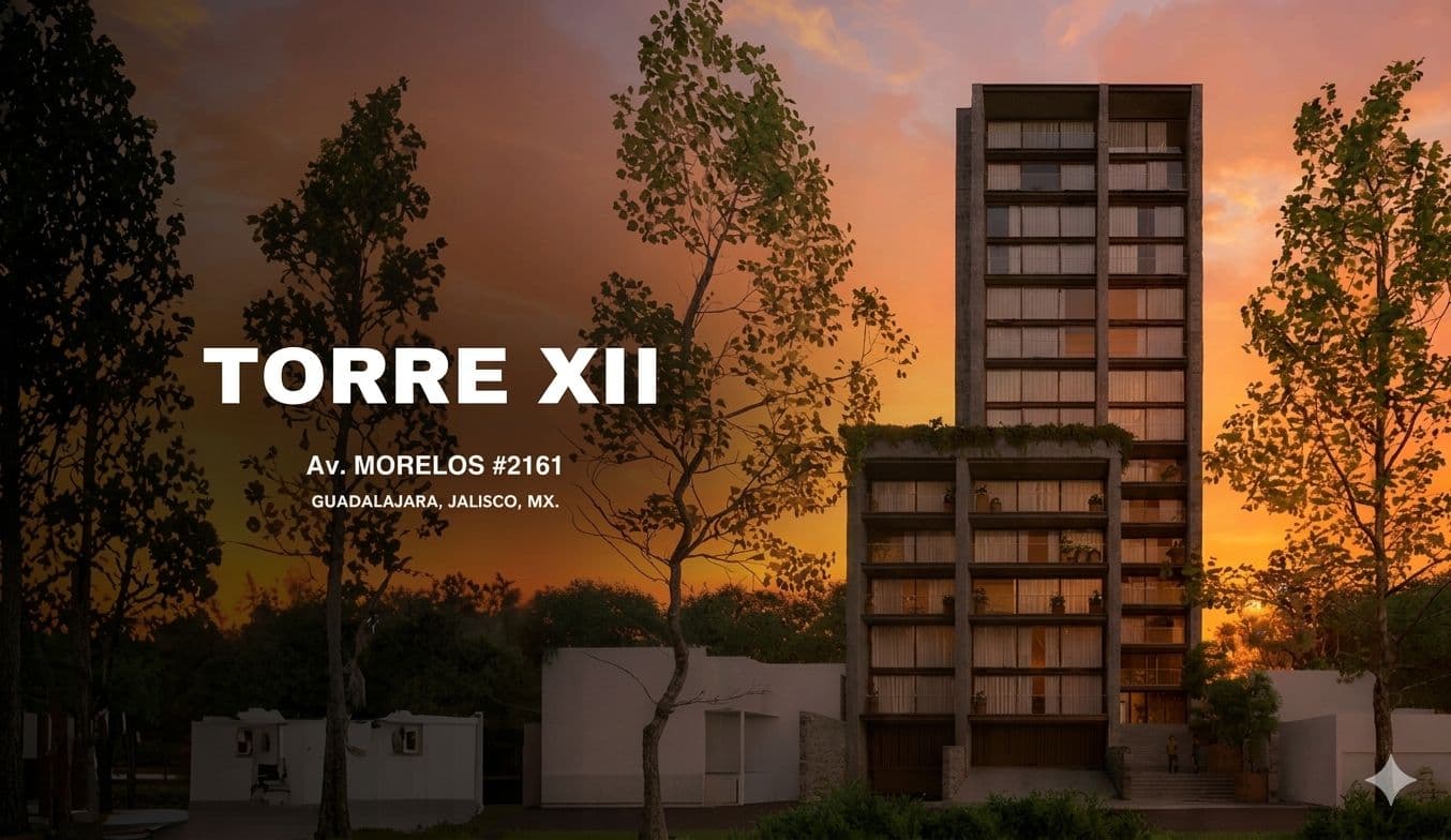 Edificio residencial moderno Torre XII rodeado de árboles bajo un cielo naranja al atardecer.
