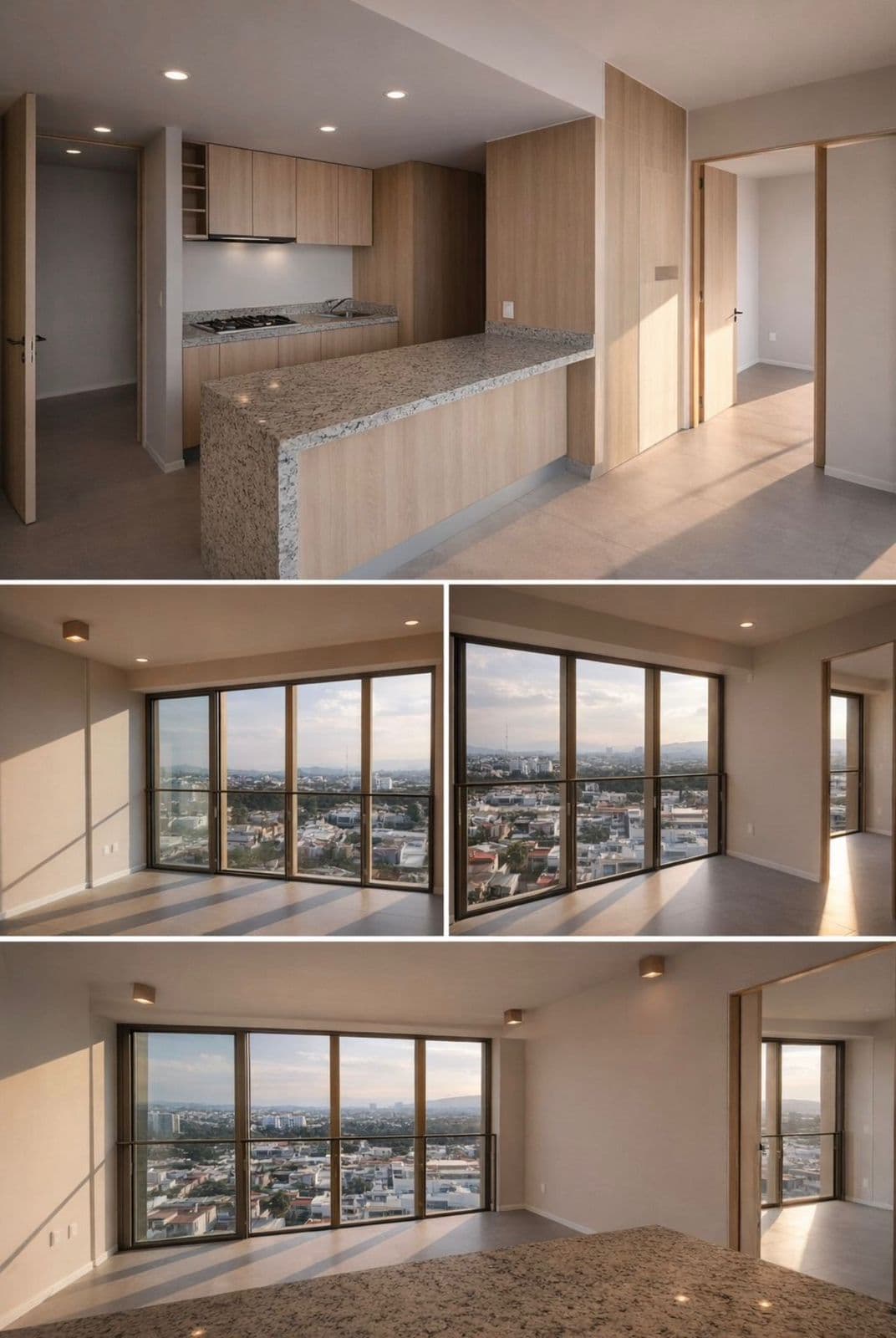 Apartamento moderno con cocina de madera y amplios ventanales con vistas panorámicas de la ciudad.