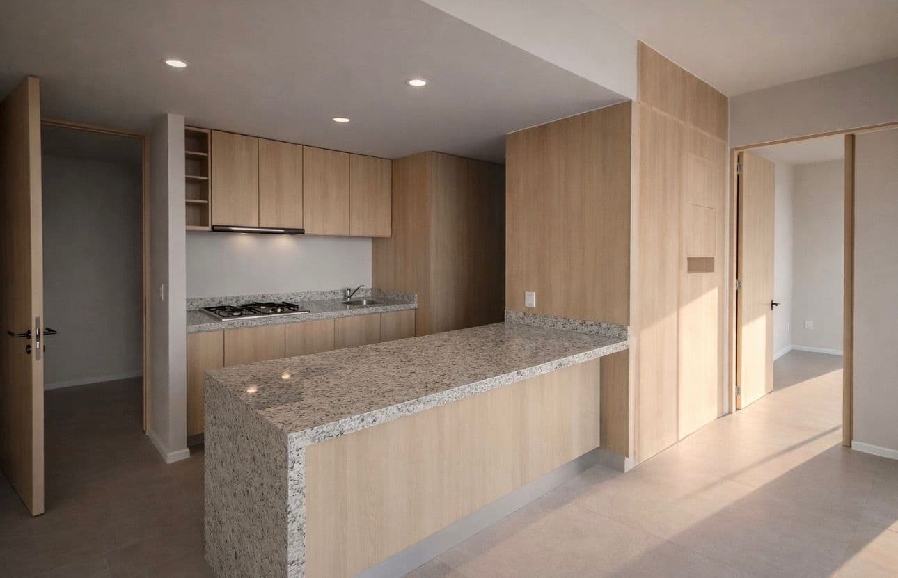 Cocina moderna con gabinetes de madera clara, encimeras de granito y una isla central.