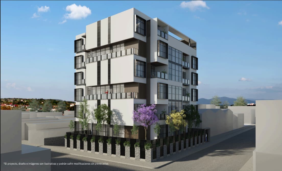 Edificio residencial moderno blanco con balcones, ventanales negros y árboles ornamentales en la base.